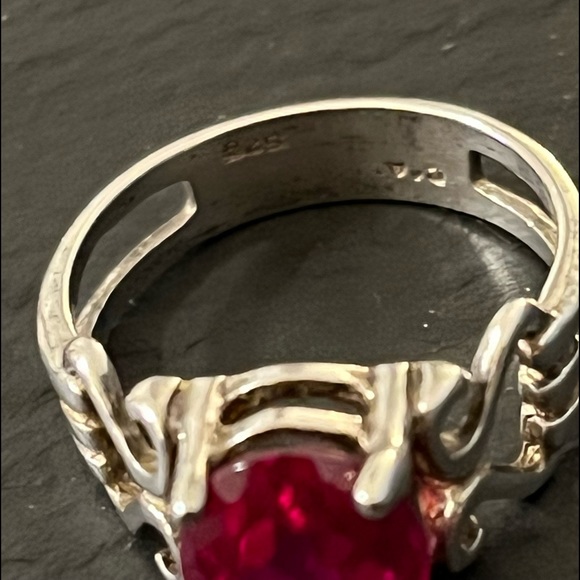 C^A 825 Silver 2 Carat Lab Created Oval Ruby Scroll Ring Size 7 - Picture 10 of 16